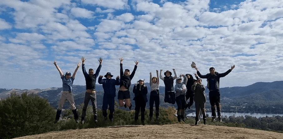 Program participants celebrating together on a hilltop with arms raised